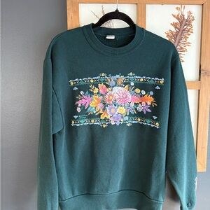 Vintage Floral Embroidered Crew Neck Sweater - Green